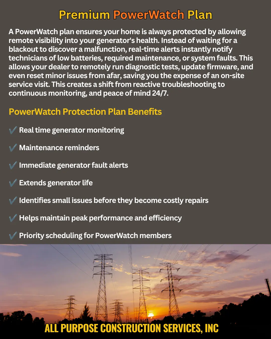 Premium PowerWatch Plan - Real time generator monitoring and maintenance reminders
